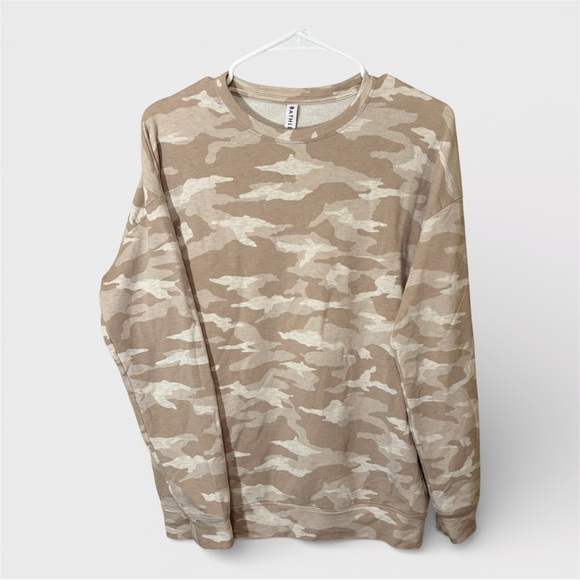 Athleta Women’s Studio to Street Cream Tan Brown Camo Pullover Sweatshirt Small - Picture 2 of 7
